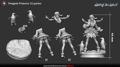 Render of Penguin Princess | 32-75mm Winter Holiday Miniature: Winter girl in ushanka and fur-trimmed dress with three penguins on a snow mound, from White Werewolf's The Longest Night. 32-75mm 3D printed resin.