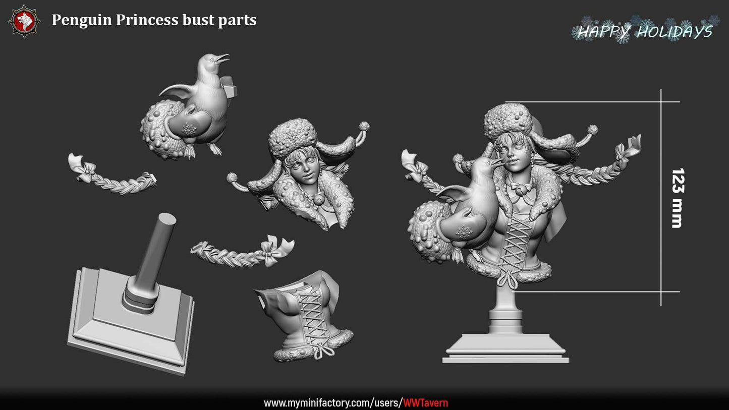 Render of Penguin Princess Bust | Winter Holiday Collector Bust: Winter girl bust in snowflake ushanka with braids and a penguin at her cheek, from White Werewolf's The Longest Night. 3D printed resin collector bust.