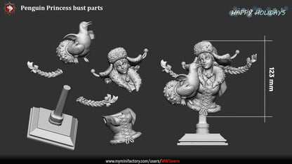 Render of Penguin Princess Bust | Winter Holiday Collector Bust: Winter girl bust in snowflake ushanka with braids and a penguin at her cheek, from White Werewolf's The Longest Night. 3D printed resin collector bust.