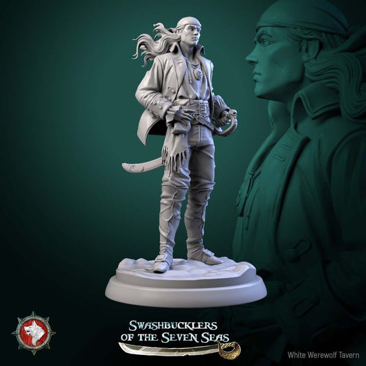 Render of Pirate Deckhand Display Model | 75mm Pirate Miniature: Scarred young pirate in bandana and long coat with pistol and cutlass, from White Werewolf's Swashbucklers of the Seven Seas. 75mm 3D printed resin.