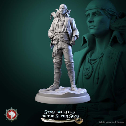 Render of Pirate Deckhand Display Model | 75mm Pirate Miniature: Scarred young pirate in bandana and long coat with pistol and cutlass, from White Werewolf's Swashbucklers of the Seven Seas. 75mm 3D printed resin.