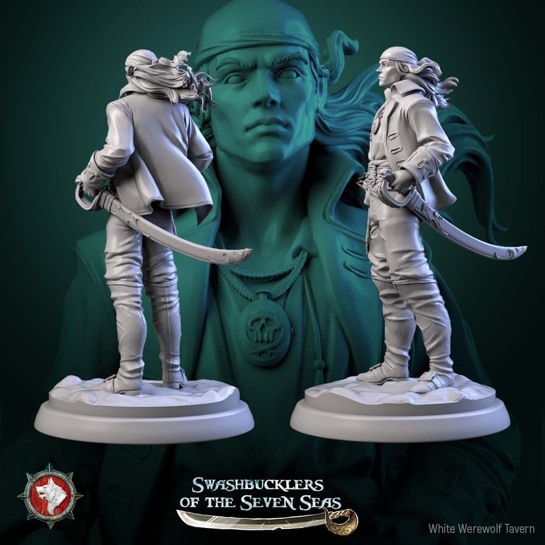 Render of Pirate Deckhand Display Model | 75mm Pirate Miniature: Scarred young pirate in bandana and long coat with pistol and cutlass, from White Werewolf's Swashbucklers of the Seven Seas. 75mm 3D printed resin.