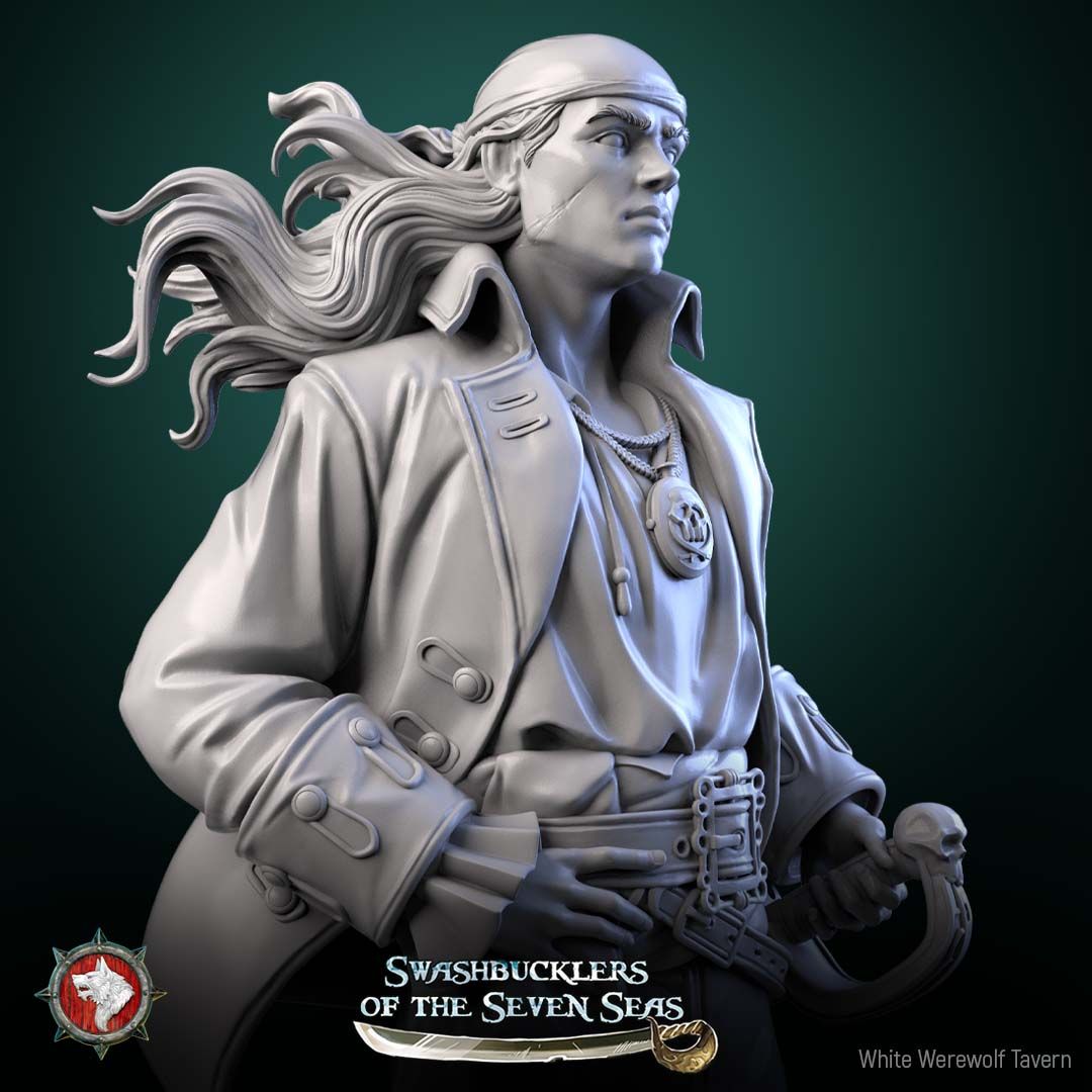 Render of Pirate Deckhand Display Model | 75mm Pirate Miniature: Scarred young pirate in bandana and long coat with pistol and cutlass, from White Werewolf's Swashbucklers of the Seven Seas. 75mm 3D printed resin.