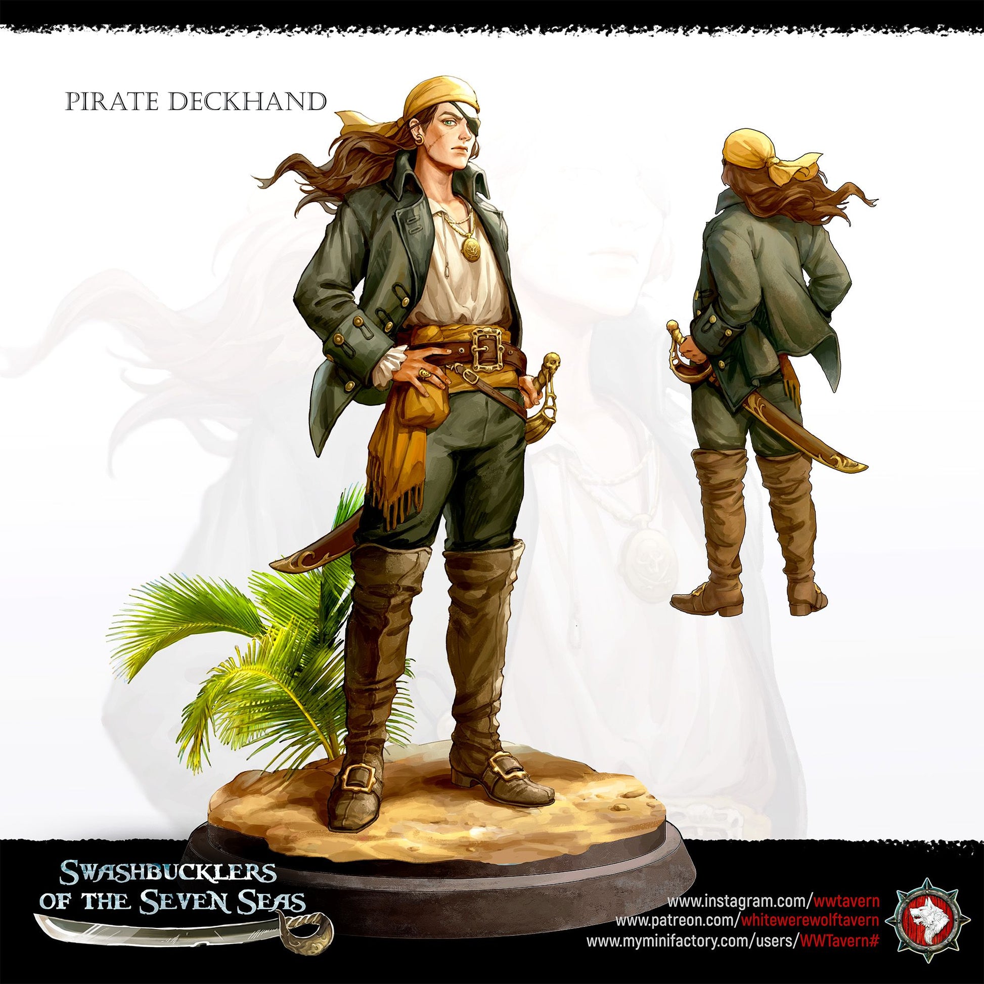 Render of Pirate Deckhand Bust | Pirate Collector Bust: Scarred young pirate bust with bandana, wind-blown hair, and skull medallion, from White Werewolf's Swashbucklers of the Seven Seas. 3D printed resin bust.