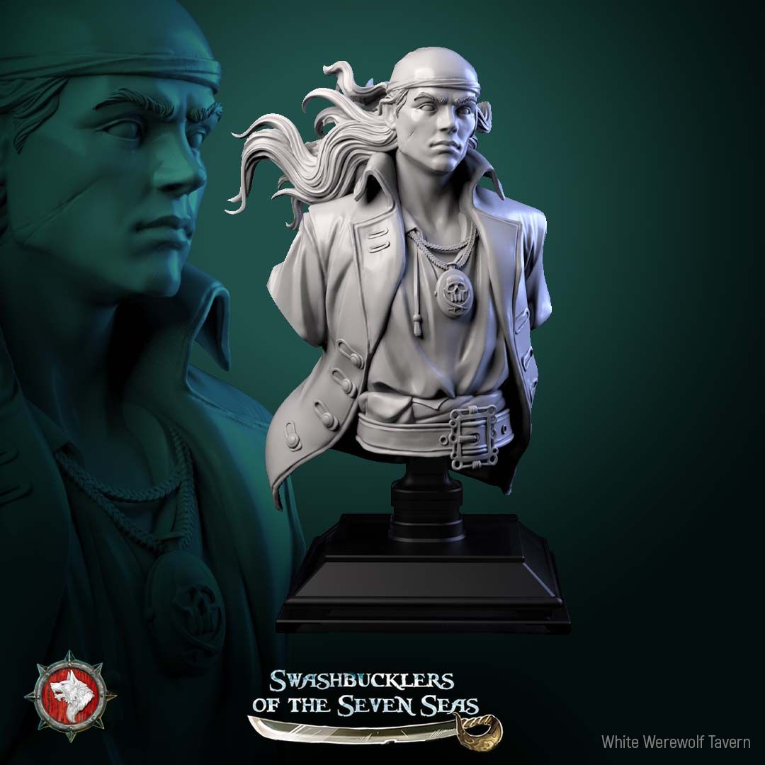 Render of Pirate Deckhand Bust | Pirate Collector Bust: Scarred young pirate bust with bandana, wind-blown hair, and skull medallion, from White Werewolf's Swashbucklers of the Seven Seas. 3D printed resin bust.