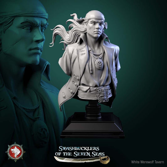 Render of Pirate Deckhand Bust | Pirate Collector Bust: Scarred young pirate bust with bandana, wind-blown hair, and skull medallion, from White Werewolf's Swashbucklers of the Seven Seas. 3D printed resin bust.