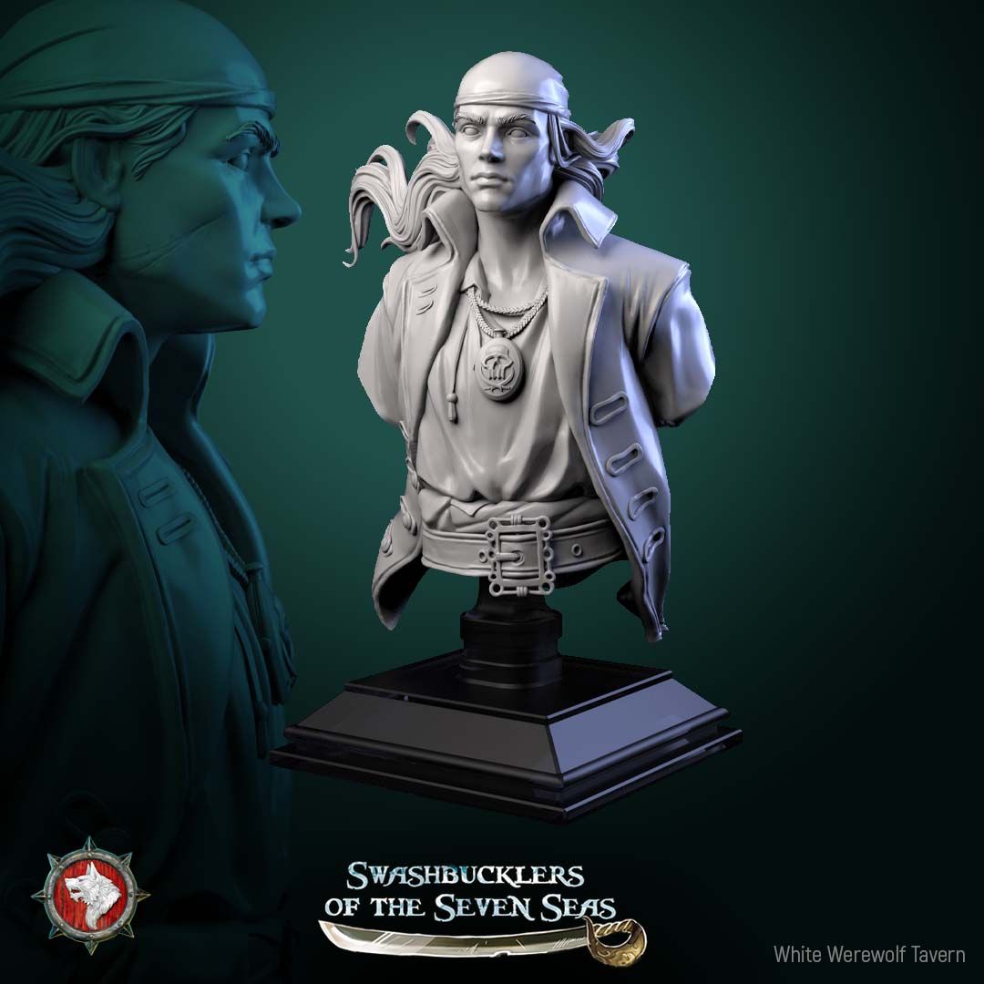 Render of Pirate Deckhand Bust | Pirate Collector Bust: Scarred young pirate bust with bandana, wind-blown hair, and skull medallion, from White Werewolf's Swashbucklers of the Seven Seas. 3D printed resin bust.
