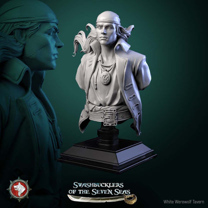 Render of Pirate Deckhand Bust | Pirate Collector Bust: Scarred young pirate bust with bandana, wind-blown hair, and skull medallion, from White Werewolf's Swashbucklers of the Seven Seas. 3D printed resin bust.