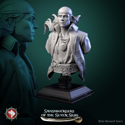 Render of Pirate Deckhand Bust | Pirate Collector Bust: Scarred young pirate bust with bandana, wind-blown hair, and skull medallion, from White Werewolf's Swashbucklers of the Seven Seas. 3D printed resin bust.