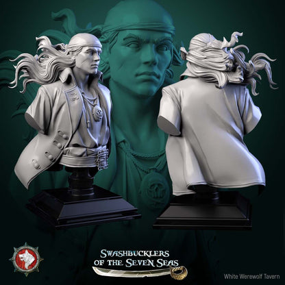 Render of Pirate Deckhand Bust | Pirate Collector Bust: Scarred young pirate bust with bandana, wind-blown hair, and skull medallion, from White Werewolf's Swashbucklers of the Seven Seas. 3D printed resin bust.