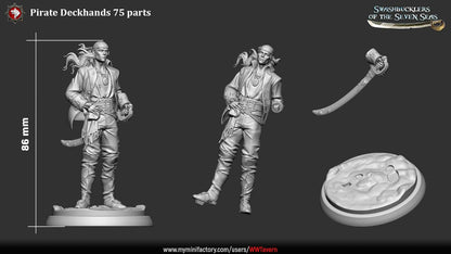 Render of Pirate Deckhand Display Model | 75mm Pirate Miniature: Scarred young pirate in bandana and long coat with pistol and cutlass, from White Werewolf's Swashbucklers of the Seven Seas. 75mm 3D printed resin.