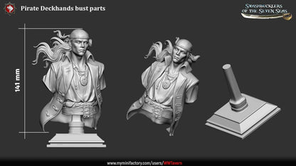 Render of Pirate Deckhand Bust | Pirate Collector Bust: Scarred young pirate bust with bandana, wind-blown hair, and skull medallion, from White Werewolf's Swashbucklers of the Seven Seas. 3D printed resin bust.