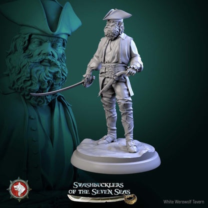Render of Pirate Deckhands | 32mm Pirate Crew Miniatures: Six human pirate crew with cutlasses, pistols, musket, and boarding axe, from White Werewolf's Swashbucklers of the Seven Seas. 32mm resin, single or set.