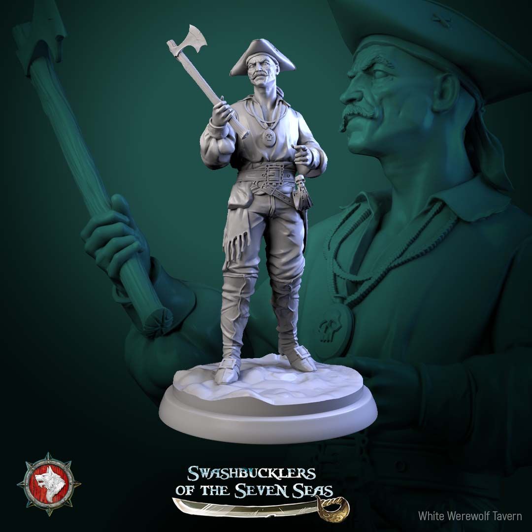 Render of Pirate Deckhands | 32mm Pirate Crew Miniatures: Six human pirate crew with cutlasses, pistols, musket, and boarding axe, from White Werewolf's Swashbucklers of the Seven Seas. 32mm resin, single or set.