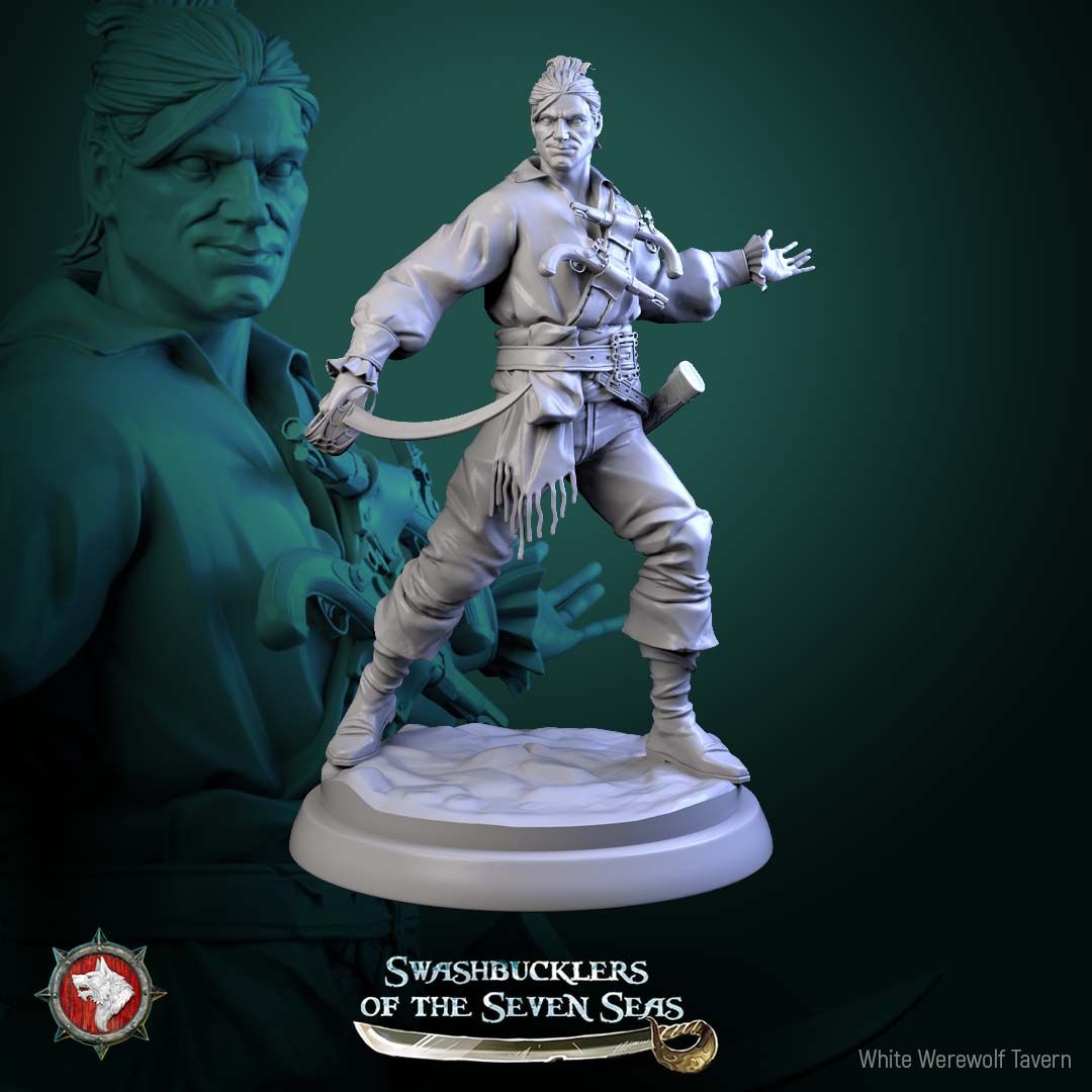 Render of Pirate Deckhands | 32mm Pirate Crew Miniatures: Six human pirate crew with cutlasses, pistols, musket, and boarding axe, from White Werewolf's Swashbucklers of the Seven Seas. 32mm resin, single or set.