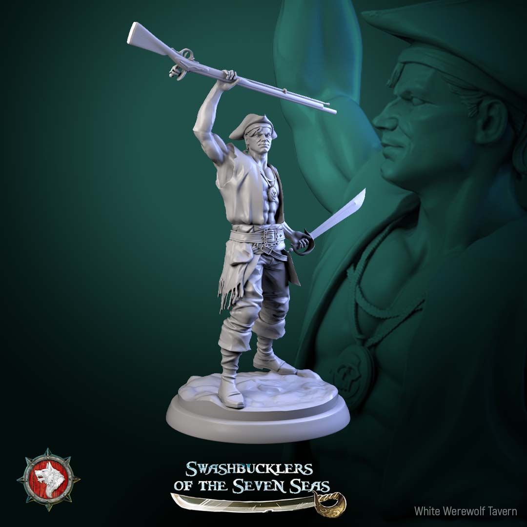 Render of Pirate Deckhands | 32mm Pirate Crew Miniatures: Six human pirate crew with cutlasses, pistols, musket, and boarding axe, from White Werewolf's Swashbucklers of the Seven Seas. 32mm resin, single or set.
