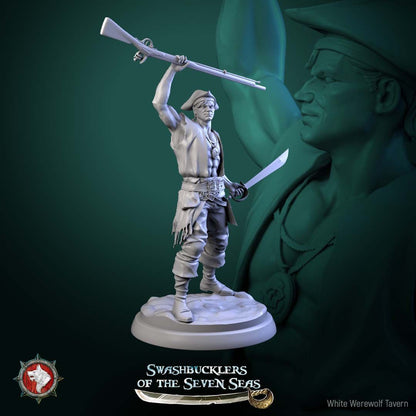 Render of Pirate Deckhands | 32mm Pirate Crew Miniatures: Six human pirate crew with cutlasses, pistols, musket, and boarding axe, from White Werewolf's Swashbucklers of the Seven Seas. 32mm resin, single or set.