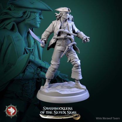 Render of Pirate Deckhands | 32mm Pirate Crew Miniatures: Six human pirate crew with cutlasses, pistols, musket, and boarding axe, from White Werewolf's Swashbucklers of the Seven Seas. 32mm resin, single or set.