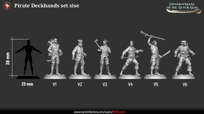 Render of Pirate Deckhands | 32mm Pirate Crew Miniatures: Six human pirate crew with cutlasses, pistols, musket, and boarding axe, from White Werewolf's Swashbucklers of the Seven Seas. 32mm resin, single or set.
