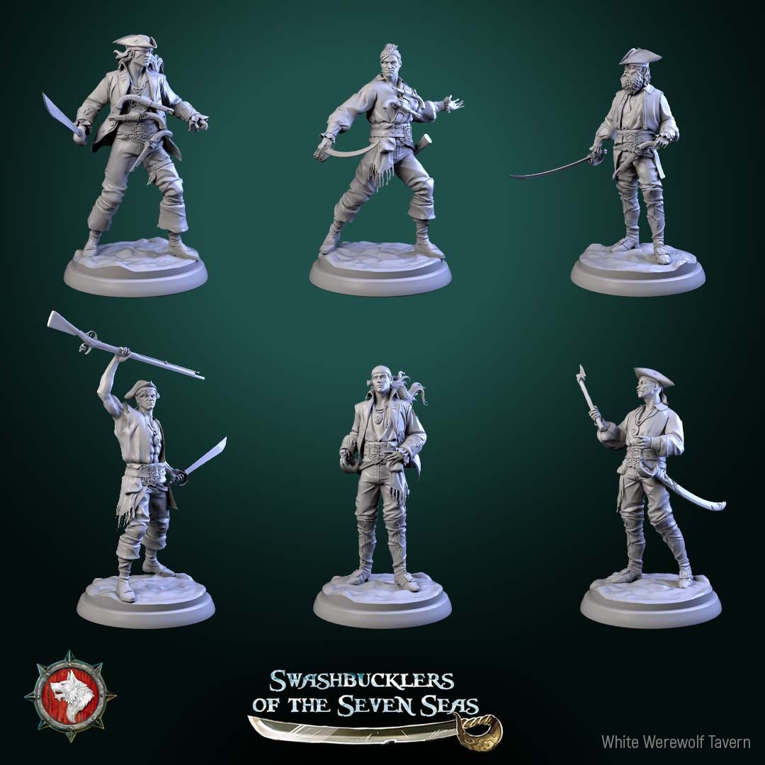 Render of Pirate Deckhands | 32mm Pirate Crew Miniatures: Six human pirate crew with cutlasses, pistols, musket, and boarding axe, from White Werewolf's Swashbucklers of the Seven Seas. 32mm resin, single or set.