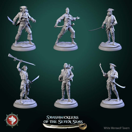 Render of Pirate Deckhands | 32mm Pirate Crew Miniatures: Six human pirate crew with cutlasses, pistols, musket, and boarding axe, from White Werewolf's Swashbucklers of the Seven Seas. 32mm resin, single or set.