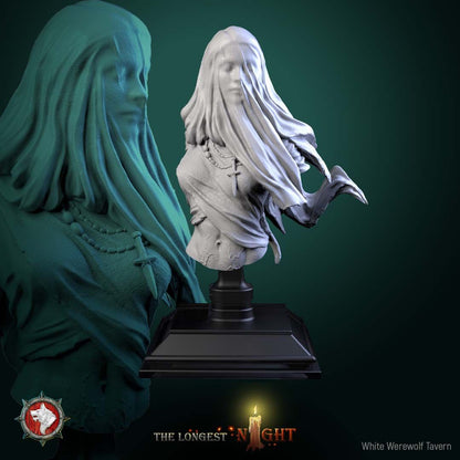 Render of Plague Maiden Bust | Undead Wraith Collector Bust: Veiled grave wraith bust with wind-blown shroud and bone pendant, from White Werewolf's The Longest Night. 3D printed resin collector bust with stand.