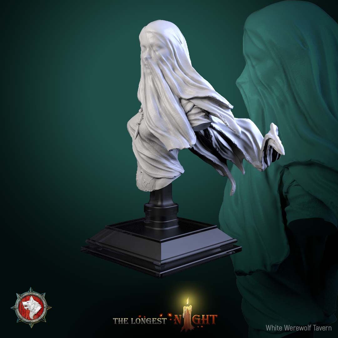 Render of Plague Maiden Bust | Undead Wraith Collector Bust: Veiled grave wraith bust with wind-blown shroud and bone pendant, from White Werewolf's The Longest Night. 3D printed resin collector bust with stand.
