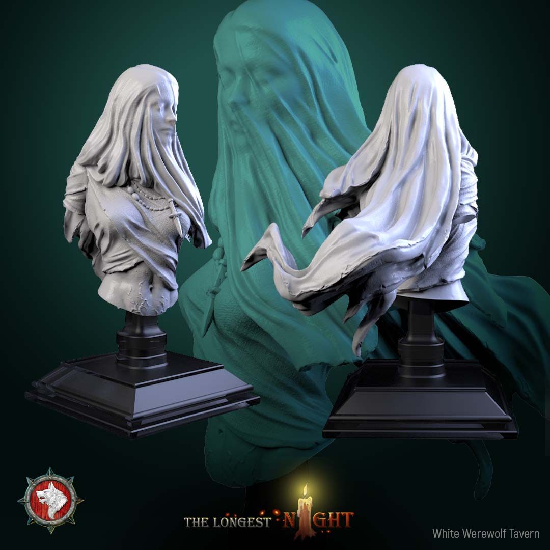 Render of Plague Maiden Bust | Undead Wraith Collector Bust: Veiled grave wraith bust with wind-blown shroud and bone pendant, from White Werewolf's The Longest Night. 3D printed resin collector bust with stand.