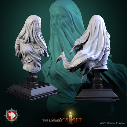 Render of Plague Maiden Bust | Undead Wraith Collector Bust: Veiled grave wraith bust with wind-blown shroud and bone pendant, from White Werewolf's The Longest Night. 3D printed resin collector bust with stand.