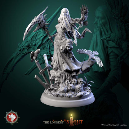 Render of Plague Maiden | 32-75mm Undead Wraith Miniature: Veiled grave wraith with bone scythe and ravens over a skull mound, from White Werewolf's The Longest Night. 32-75mm 3D printed resin undead miniature.