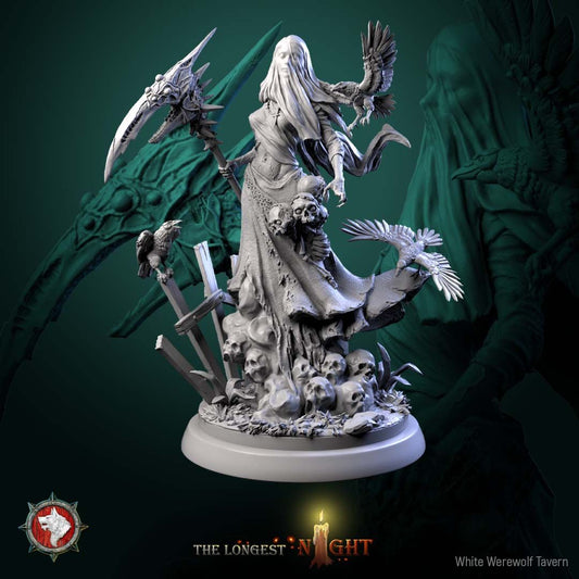Render of Plague Maiden | 32-75mm Undead Wraith Miniature: Veiled grave wraith with bone scythe and ravens over a skull mound, from White Werewolf's The Longest Night. 32-75mm 3D printed resin undead miniature.