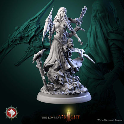 Render of Plague Maiden | 32-75mm Undead Wraith Miniature: Veiled grave wraith with bone scythe and ravens over a skull mound, from White Werewolf's The Longest Night. 32-75mm 3D printed resin undead miniature.