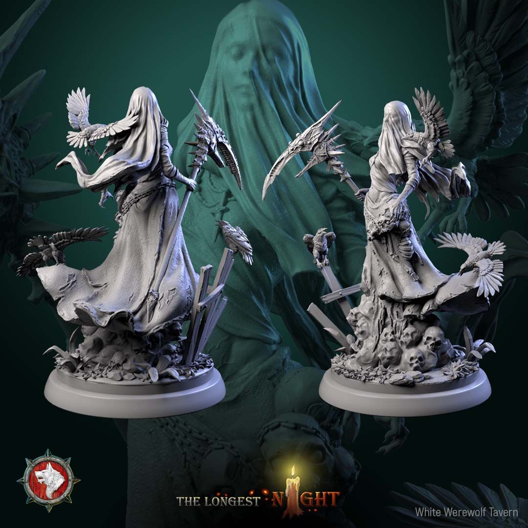 Render of Plague Maiden | 32-75mm Undead Wraith Miniature: Veiled grave wraith with bone scythe and ravens over a skull mound, from White Werewolf's The Longest Night. 32-75mm 3D printed resin undead miniature.