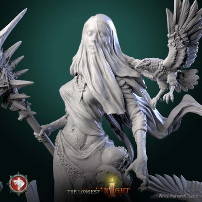 Render of Plague Maiden | 32-75mm Undead Wraith Miniature: Veiled grave wraith with bone scythe and ravens over a skull mound, from White Werewolf's The Longest Night. 32-75mm 3D printed resin undead miniature.