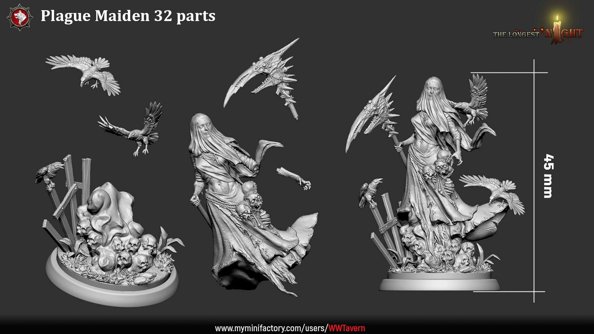 Render of Plague Maiden | 32-75mm Undead Wraith Miniature: Veiled grave wraith with bone scythe and ravens over a skull mound, from White Werewolf's The Longest Night. 32-75mm 3D printed resin undead miniature.