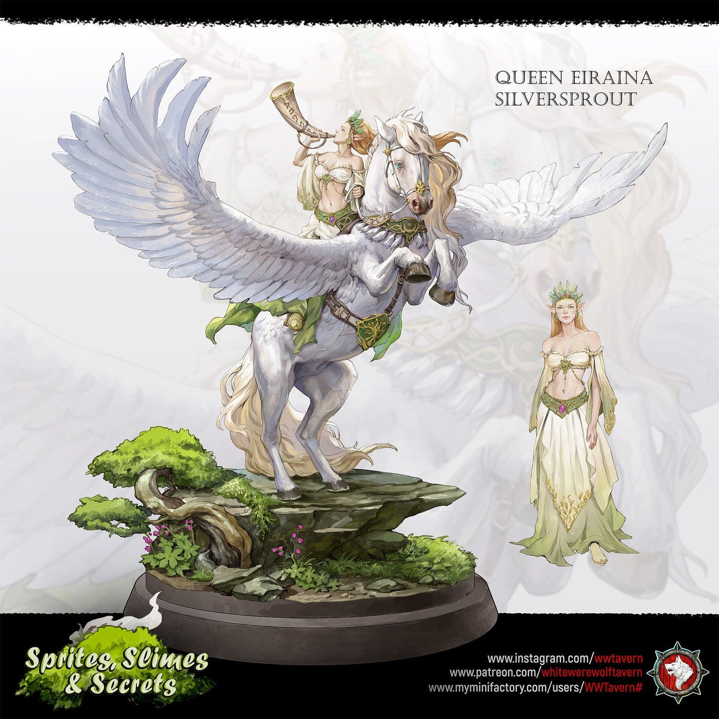Render of Queen Eiraina Diorama | 32-75mm Elf Queen on Pegasus: Elf queen sounding a war horn on a rearing winged Pegasus, from White Werewolf's Sprites, Slimes and Secrets. 32-75mm 3D printed resin centerpiece.