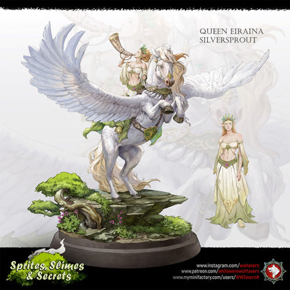 Render of Queen Eiraina Diorama | 32-75mm Elf Queen on Pegasus: Elf queen sounding a war horn on a rearing winged Pegasus, from White Werewolf's Sprites, Slimes and Secrets. 32-75mm 3D printed resin centerpiece.