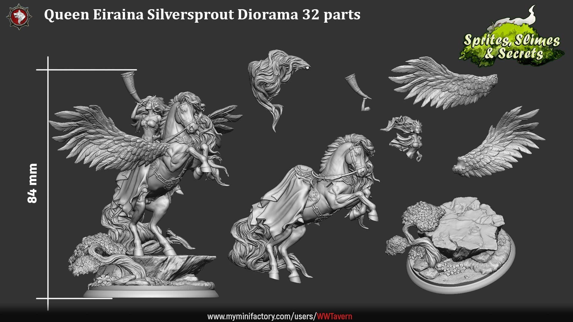Render of Queen Eiraina Diorama | 32-75mm Elf Queen on Pegasus: Elf queen sounding a war horn on a rearing winged Pegasus, from White Werewolf's Sprites, Slimes and Secrets. 32-75mm 3D printed resin centerpiece.
