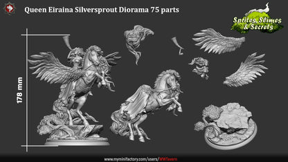 Render of Queen Eiraina Diorama | 32-75mm Elf Queen on Pegasus: Elf queen sounding a war horn on a rearing winged Pegasus, from White Werewolf's Sprites, Slimes and Secrets. 32-75mm 3D printed resin centerpiece.