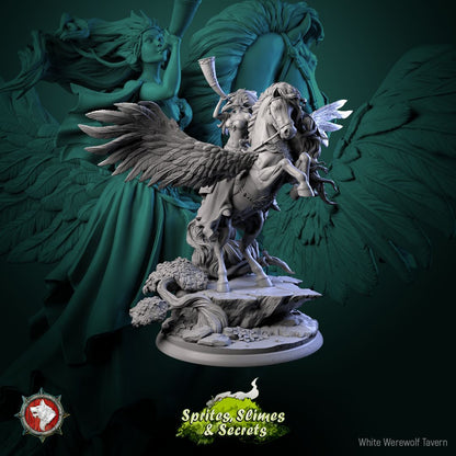 Render of Queen Eiraina Diorama | 32-75mm Elf Queen on Pegasus: Elf queen sounding a war horn on a rearing winged Pegasus, from White Werewolf's Sprites, Slimes and Secrets. 32-75mm 3D printed resin centerpiece.