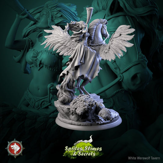 Render of Queen Eiraina Diorama | 32-75mm Elf Queen on Pegasus: Elf queen sounding a war horn on a rearing winged Pegasus, from White Werewolf's Sprites, Slimes and Secrets. 32-75mm 3D printed resin centerpiece.