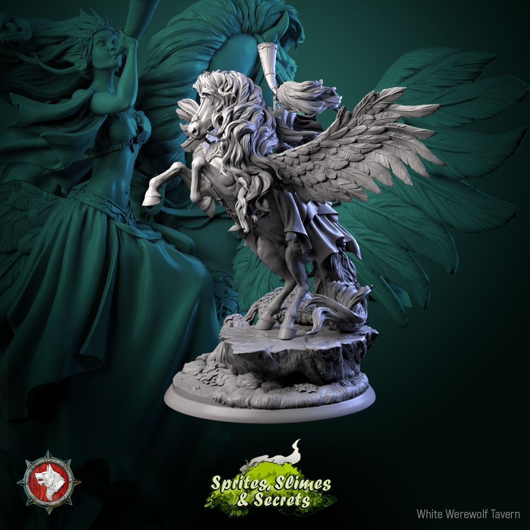 Render of Queen Eiraina Diorama | 32-75mm Elf Queen on Pegasus: Elf queen sounding a war horn on a rearing winged Pegasus, from White Werewolf's Sprites, Slimes and Secrets. 32-75mm 3D printed resin centerpiece.
