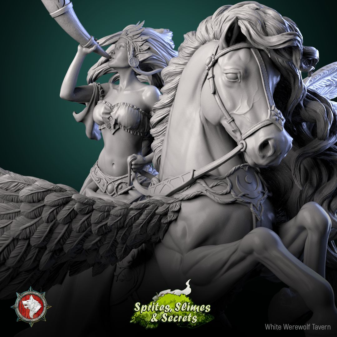 Render of Queen Eiraina Diorama | 32-75mm Elf Queen on Pegasus: Elf queen sounding a war horn on a rearing winged Pegasus, from White Werewolf's Sprites, Slimes and Secrets. 32-75mm 3D printed resin centerpiece.