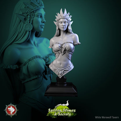 Render of Queen Eiraina Bust | Elf Queen Collector Bust: Crowned elf queen bust with tree-sigil earring, from White Werewolf's Sprites, Slimes and Secrets. 3D printed resin collector bust with stand.