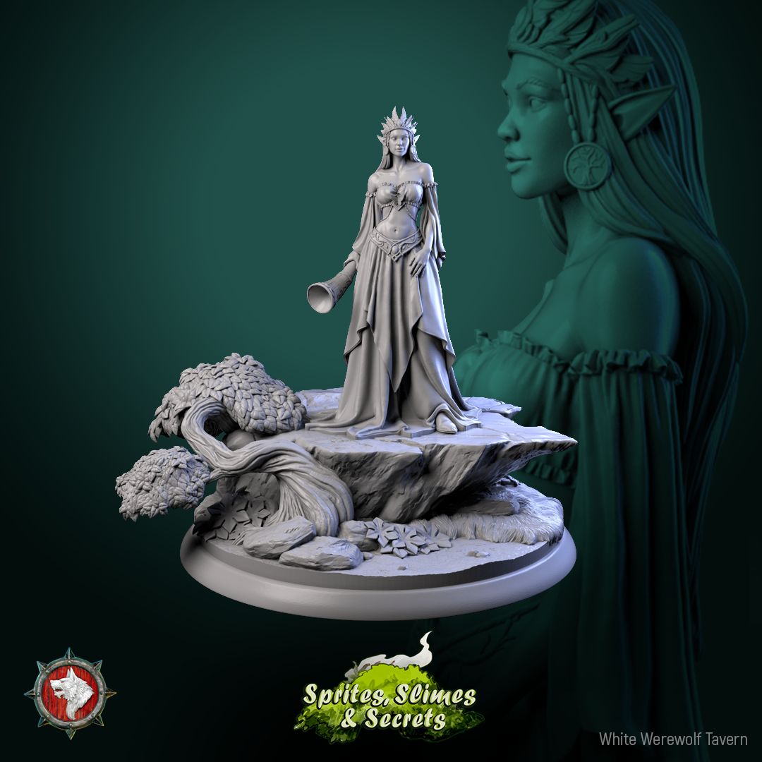 Render of Queen Eiraina Silversprout | 32-75mm Elf Queen Miniature: Crowned elf queen with war horn on a stone round with wind-bent tree, from White Werewolf's Sprites, Slimes and Secrets. 32-75mm 3D printed resin.