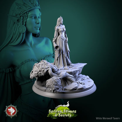 Render of Queen Eiraina Silversprout | 32-75mm Elf Queen Miniature: Crowned elf queen with war horn on a stone round with wind-bent tree, from White Werewolf's Sprites, Slimes and Secrets. 32-75mm 3D printed resin.