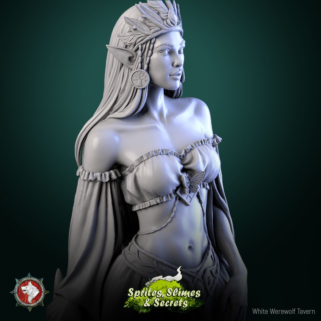 Render of Queen Eiraina Silversprout | 32-75mm Elf Queen Miniature: Crowned elf queen with war horn on a stone round with wind-bent tree, from White Werewolf's Sprites, Slimes and Secrets. 32-75mm 3D printed resin.