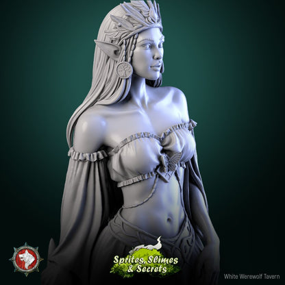 Render of Queen Eiraina Silversprout | 32-75mm Elf Queen Miniature: Crowned elf queen with war horn on a stone round with wind-bent tree, from White Werewolf's Sprites, Slimes and Secrets. 32-75mm 3D printed resin.