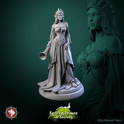 Render of Queen Eiraina Silversprout | 32-75mm Elf Queen Miniature: Crowned elf queen with war horn on a stone round with wind-bent tree, from White Werewolf's Sprites, Slimes and Secrets. 32-75mm 3D printed resin.