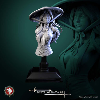 Render of Rika Sharpwind Bust | Blade Merchant Collector Bust: Kasa-hatted swordswoman merchant bust with layered wraps, from White Werewolf's Bustling Bazaar. 3D printed resin collector bust with display stand.